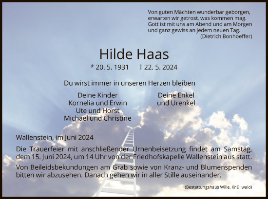 Traueranzeige von Hilde Haas von HNA