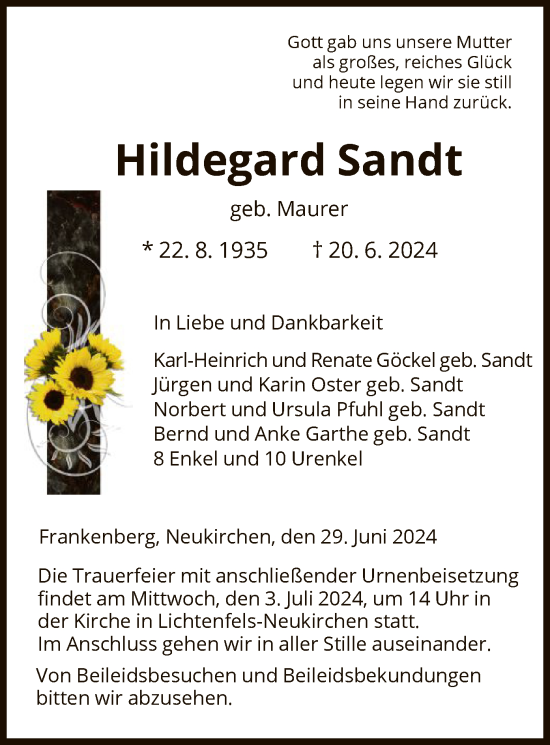 Traueranzeige von Hildegard Sandt von HNAWLZ