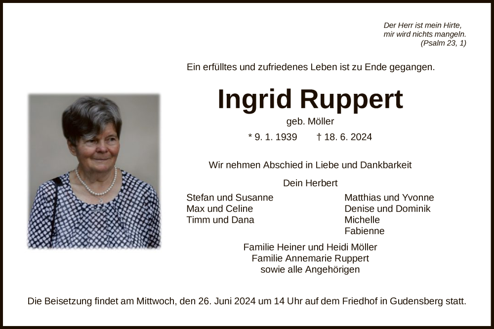  Traueranzeige für Ingrid Ruppert vom 21.06.2024 aus HNA