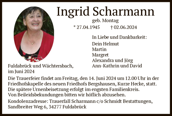 Traueranzeige von Ingrid Scharmann von HNA