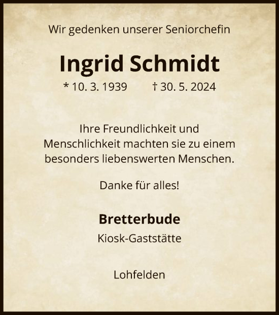 Traueranzeige von Ingrid Schmidt von HNA