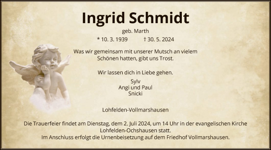 Traueranzeige von Ingrid Schmidt von HNA