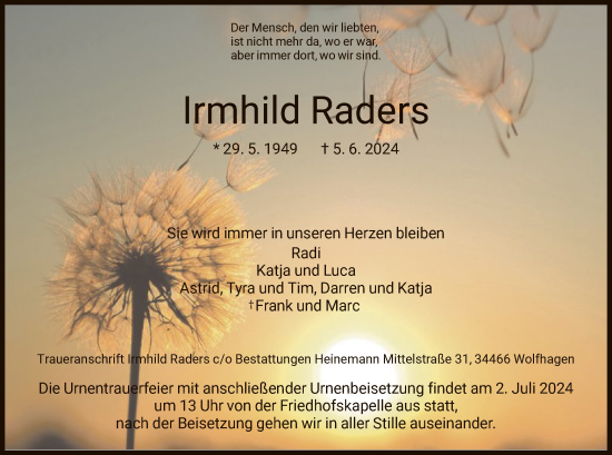 Traueranzeige von Irmhild Raders von HNA