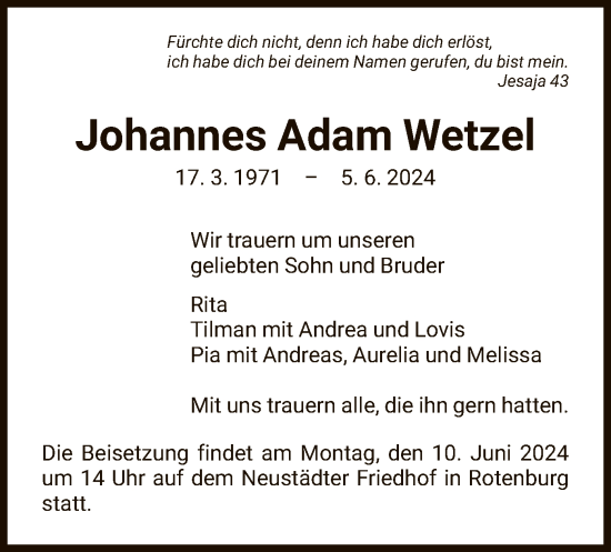 Traueranzeige von Johannes Adam Wetzel von HNA