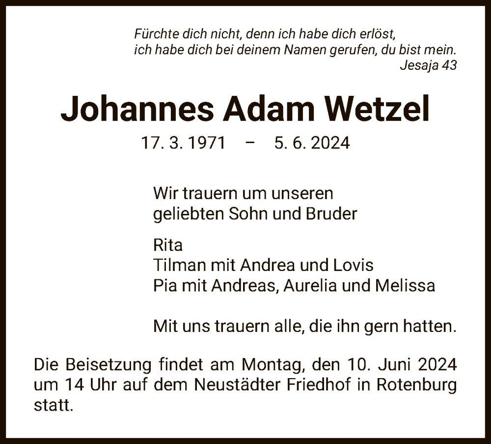  Traueranzeige für Johannes Adam Wetzel vom 08.06.2024 aus HNA