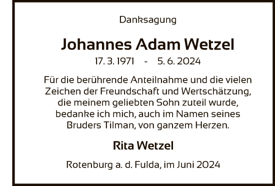 Traueranzeige von Johannes Adam Wetzel von HNA