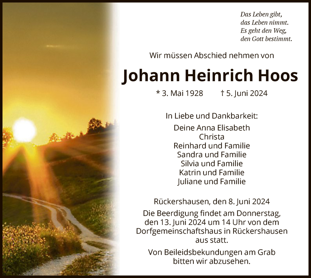  Traueranzeige für Johann Heinrich Hoos vom 08.06.2024 aus HNA