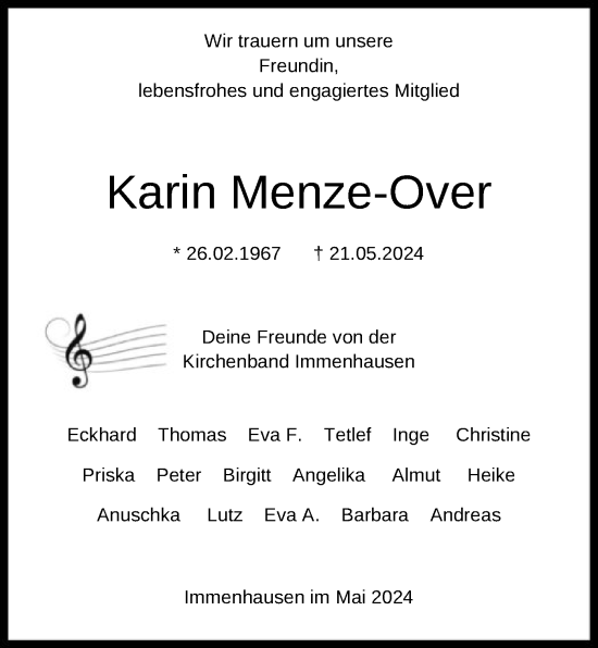 Traueranzeige von Karin Menze-Over von HNA