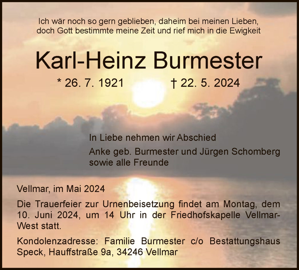  Traueranzeige für Karl-Heinz Burmester vom 01.06.2024 aus HNA
