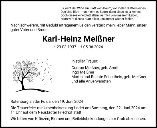 Traueranzeige von Karl-Heinz Meißner von HNA