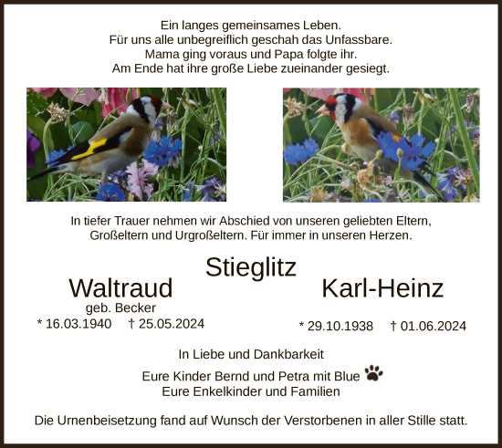 Traueranzeige von Waltraud & Karl-Heinz Stieglitz von HNA
