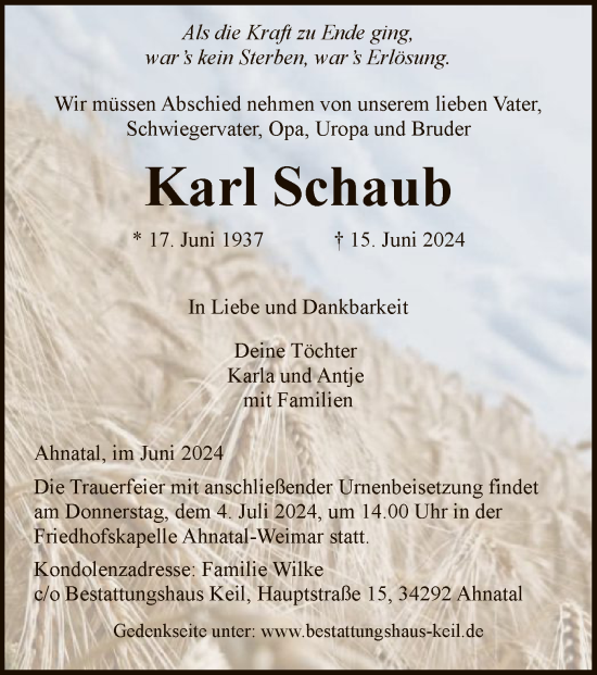 Traueranzeige von Karl Schaub von HNA