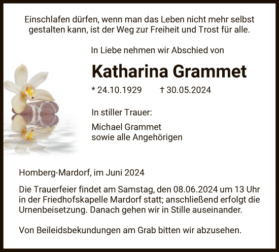 Traueranzeige von Katharina Grammet von HNA