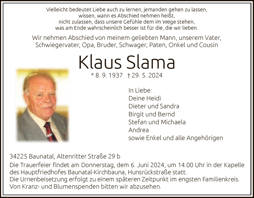  Traueranzeige für Klaus Slama vom 04.06.2024 aus HNAHNAHNA
