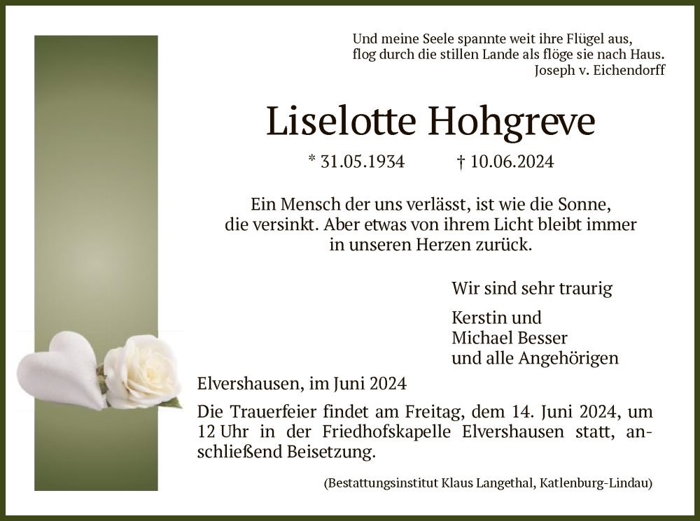  Traueranzeige für Liselotte Hohgreve vom 12.06.2024 aus HNA