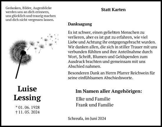 Traueranzeige von Luise Lessing von HNA