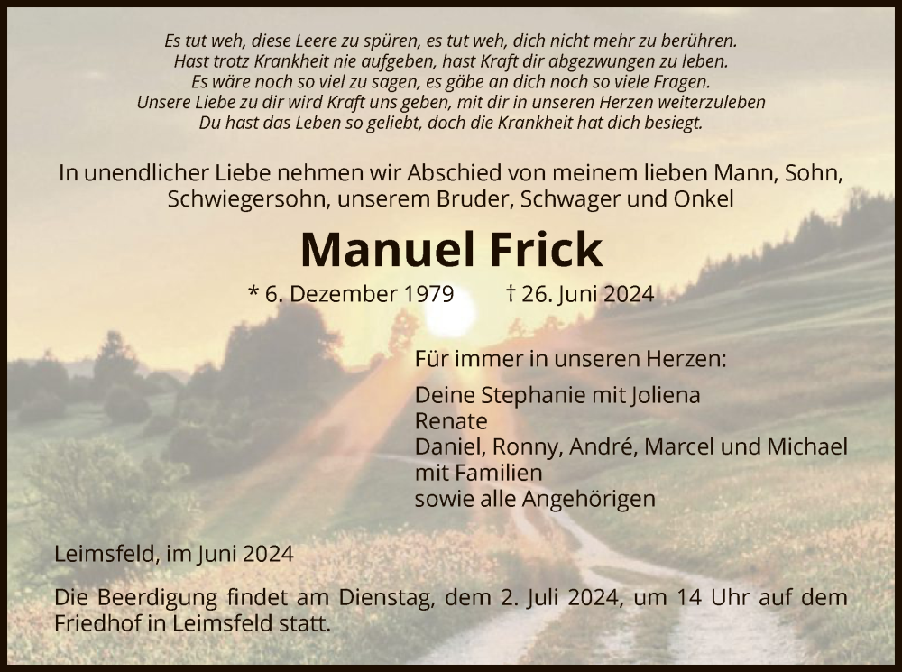  Traueranzeige für Manuel Frick vom 29.06.2024 aus HNA