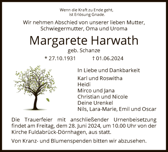 Traueranzeige von Margarete Harwath von HNA