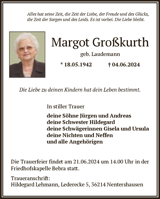 Traueranzeige von Margot Großkurth von HNA