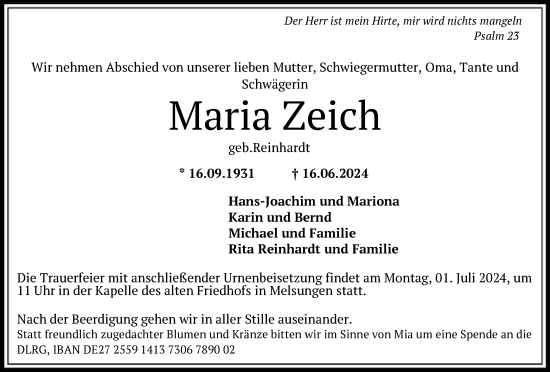 Traueranzeige von Maria Zeich von HNA