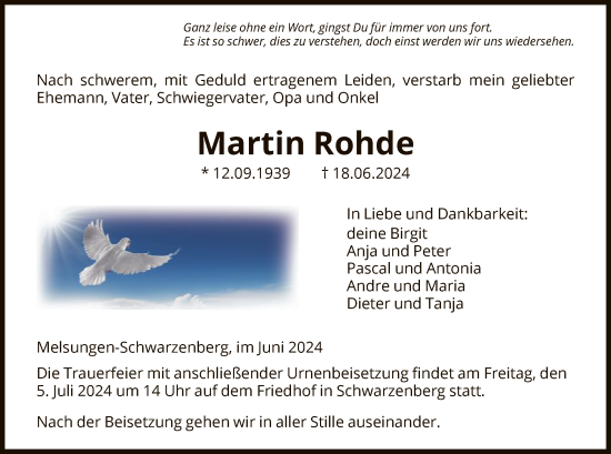 Traueranzeige von Martin Rohde von HNA