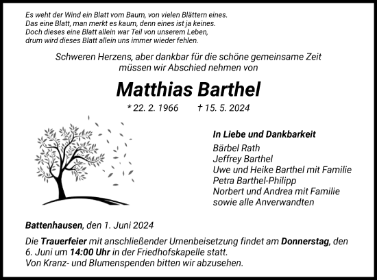 Traueranzeige von Matthias Barthel von HNA