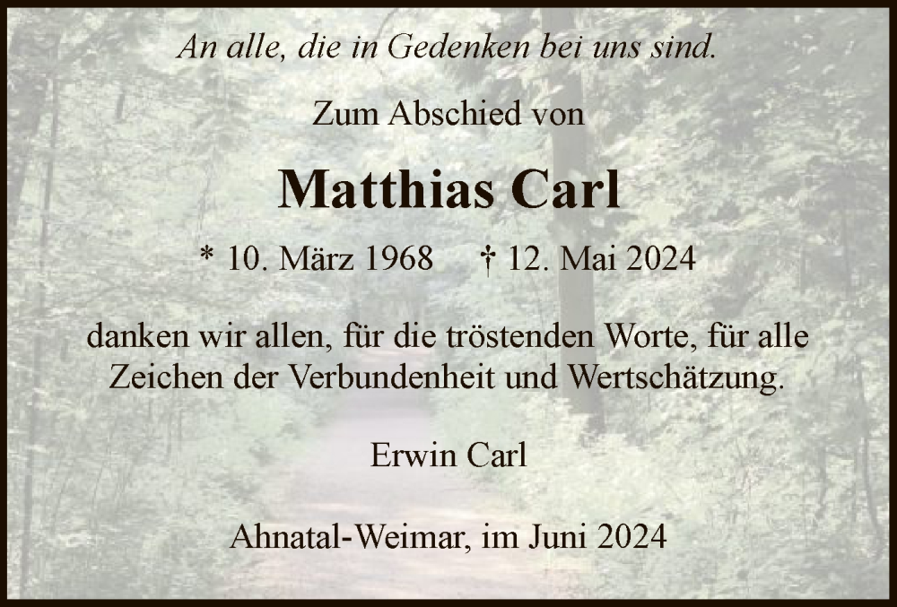  Traueranzeige für Matthias Carl vom 01.06.2024 aus HNA