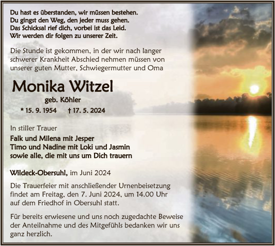 Traueranzeige von Monika Witzel von HNAHNA