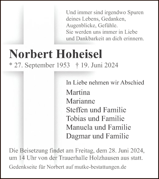 Traueranzeige von Norbert Hoheisel von HNAHNA