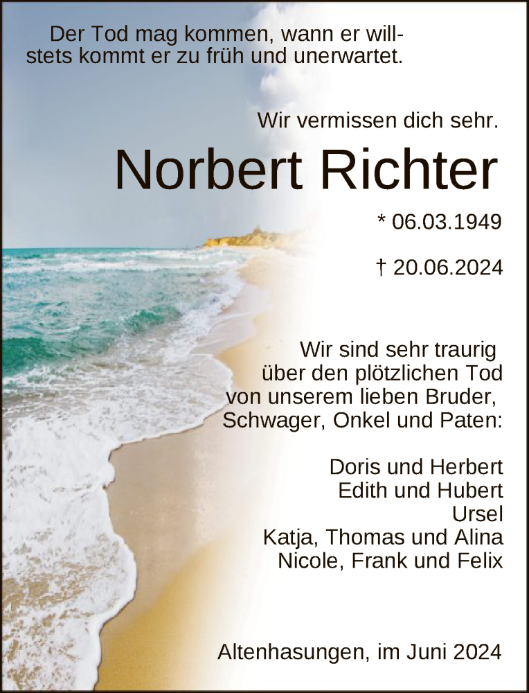  Traueranzeige für Norbert Richter vom 29.06.2024 aus HNA