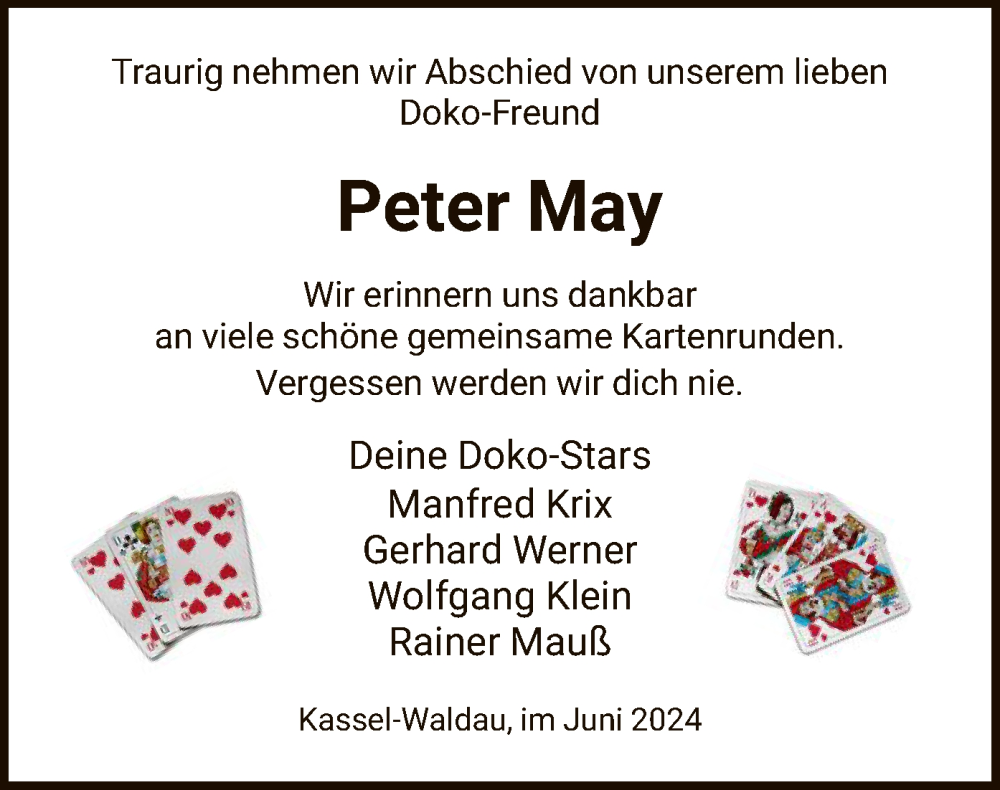  Traueranzeige für Peter May vom 29.06.2024 aus HNA