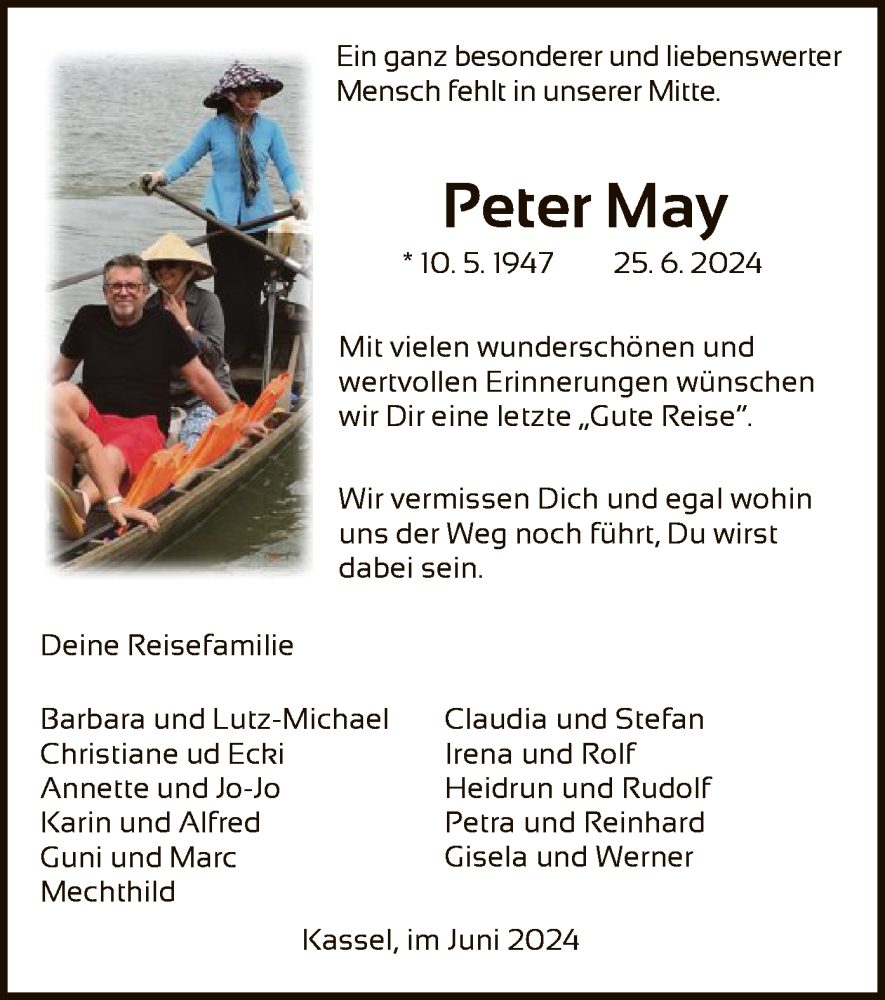  Traueranzeige für Peter May vom 29.06.2024 aus HNA