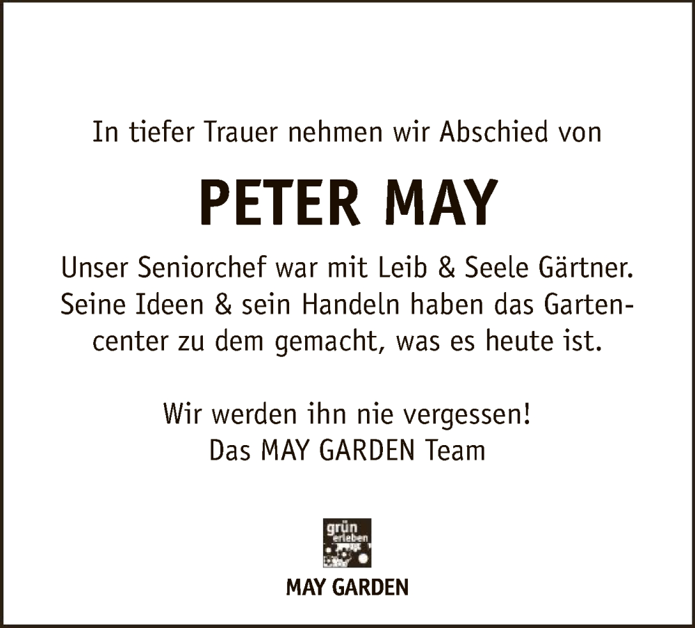  Traueranzeige für Peter May vom 29.06.2024 aus HNA