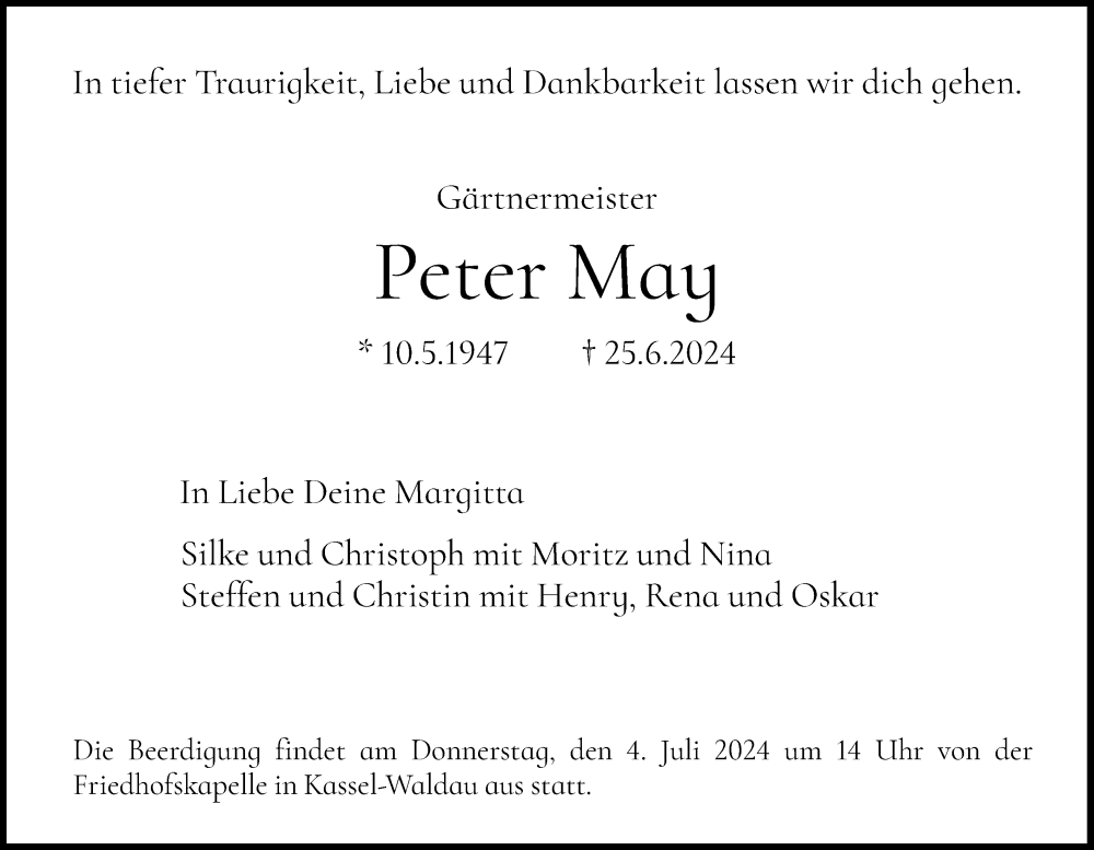  Traueranzeige für Peter May vom 29.06.2024 aus HNA