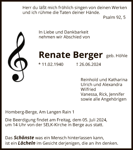 Traueranzeige von Renate Berger von HNAWLZHNAHNA