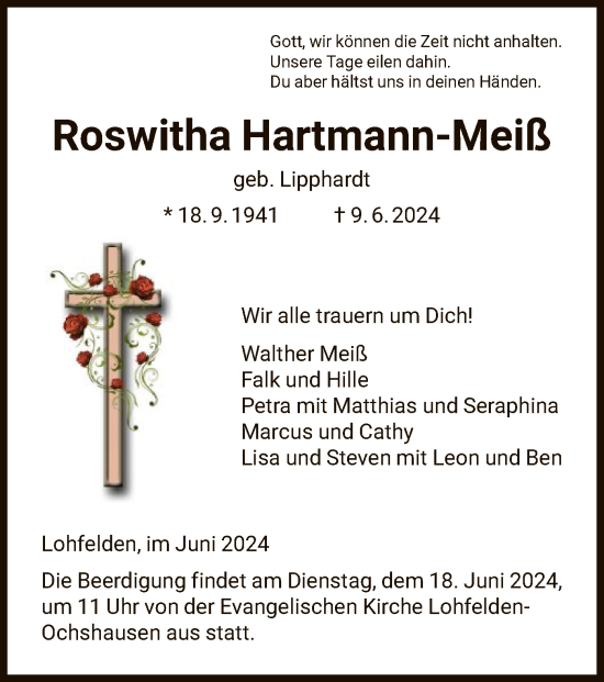 Traueranzeige von Roswitha Hartmann-Meiß von HNA