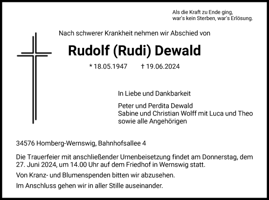 Traueranzeige von Rudolf Dewald von HNA