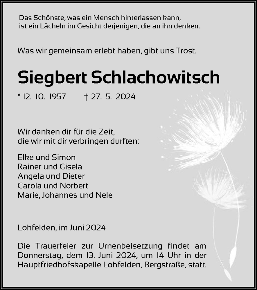  Traueranzeige für Siegbert Schlachowitsch vom 08.06.2024 aus HNAHNA