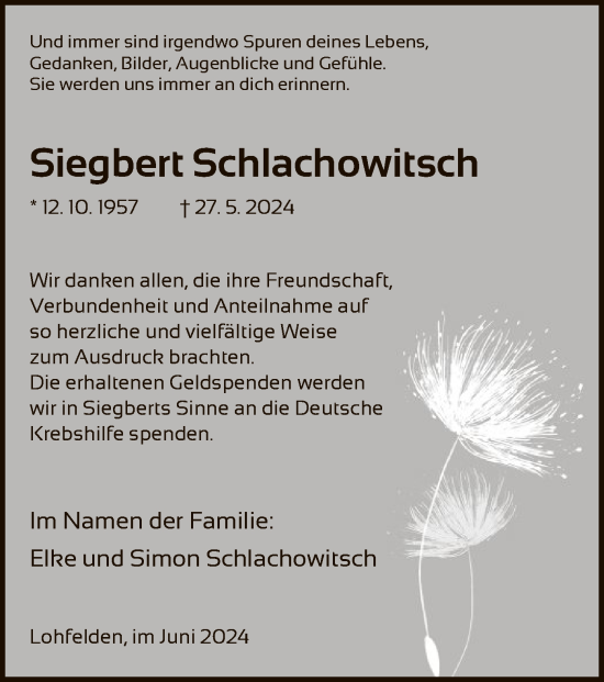 Traueranzeige von Siegbert Schlachowitsch von HNA