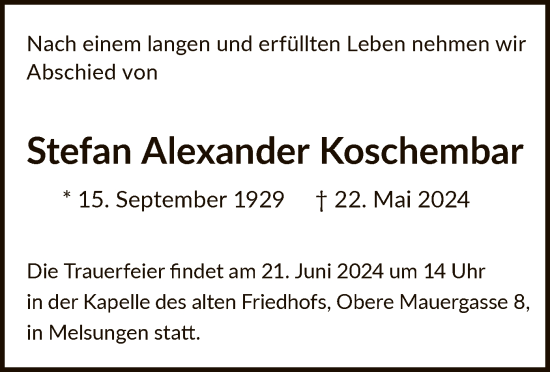 Traueranzeige von Stefan Alexander Koschembar von HNA