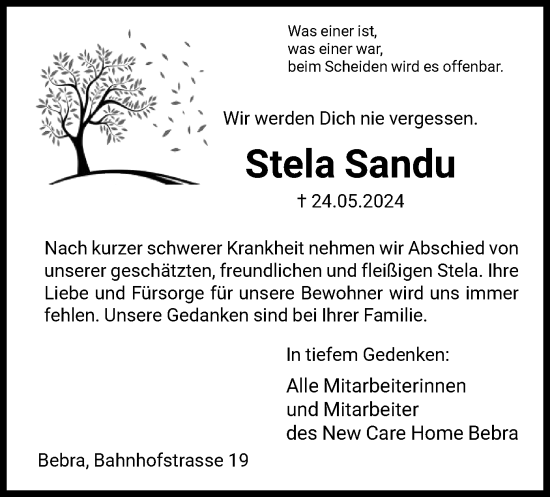 Traueranzeige von Stela Sandu von HNA