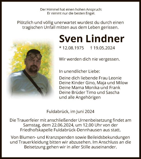 Traueranzeige von Sven Lindner von HNA