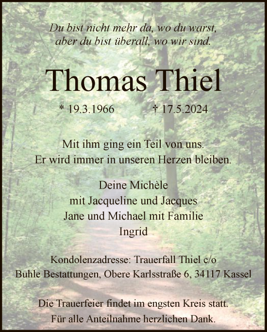 Traueranzeige von Thomas Thiel von HNA