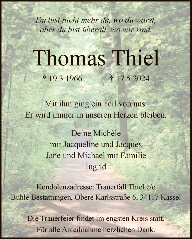  Traueranzeige für Thomas Thiel vom 01.06.2024 aus HNA