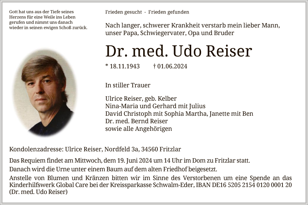  Traueranzeige für Udo Reiser vom 15.06.2024 aus HNA