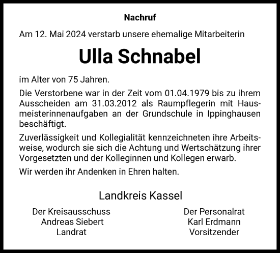 Traueranzeige von Ulla Schnabel von HNA