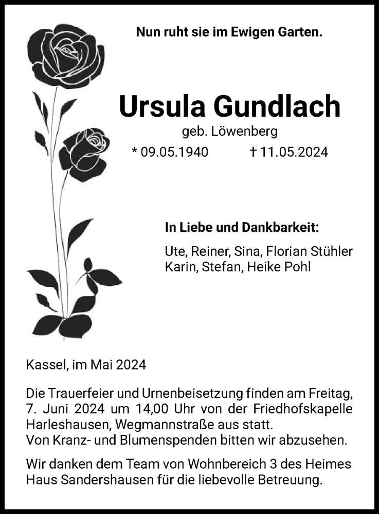  Traueranzeige für Ursula Gundlach vom 01.06.2024 aus HNA