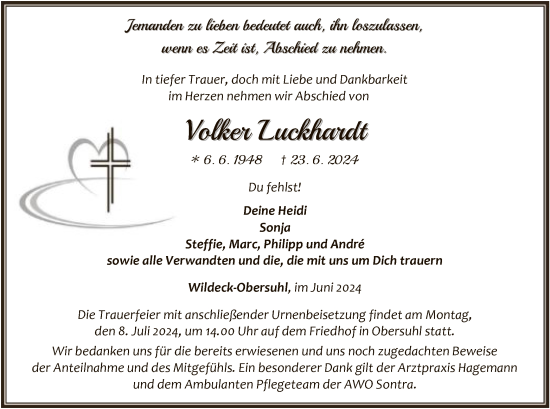 Traueranzeige von Volker Luckhardt von HNAHNA