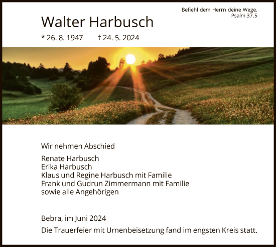 Traueranzeige von Walter Harbusch von HNA