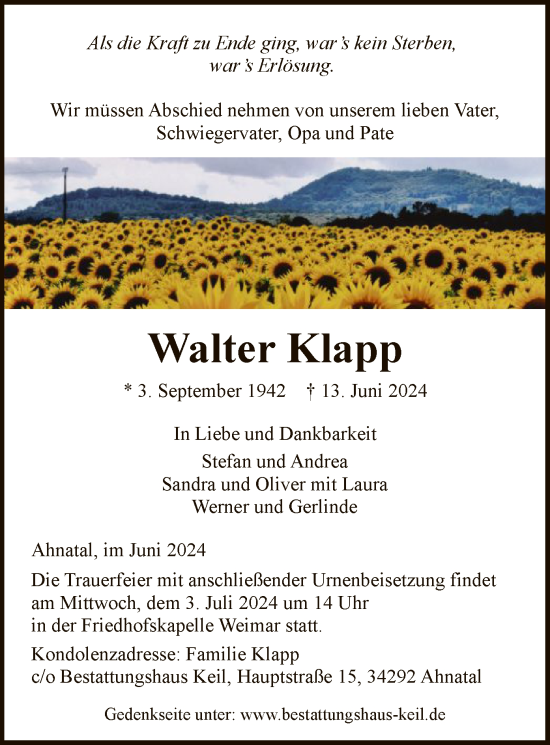 Traueranzeige von Walter Klapp von HNA